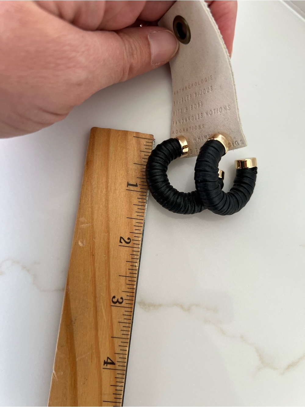 Anthropologie Faux Black Leather Wrapped Hoop Earrings with Gold Caps NWT - Picture 6 of 6